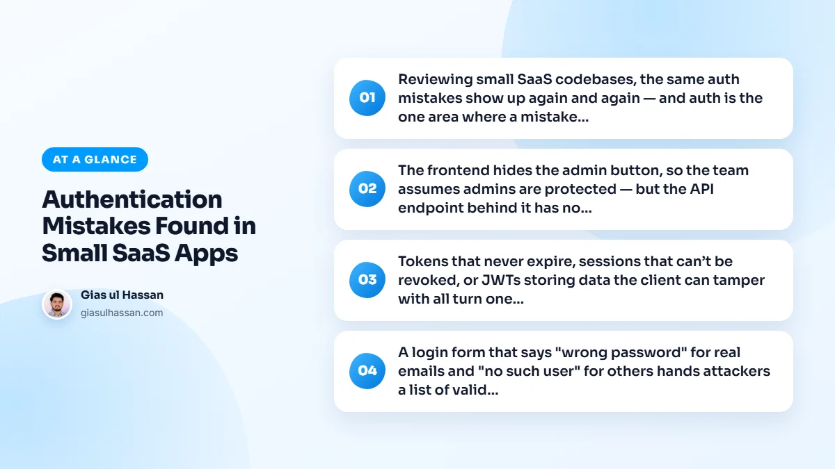 Infographic summarising “Authentication Mistakes Found in Small SaaS Apps”: Reviewing small SaaS codebases, the same auth mistakes show up again and again — and auth is the one area where a mistake; The frontend hides the admin button, so the team assumes admins are protected — but the API endpoint…