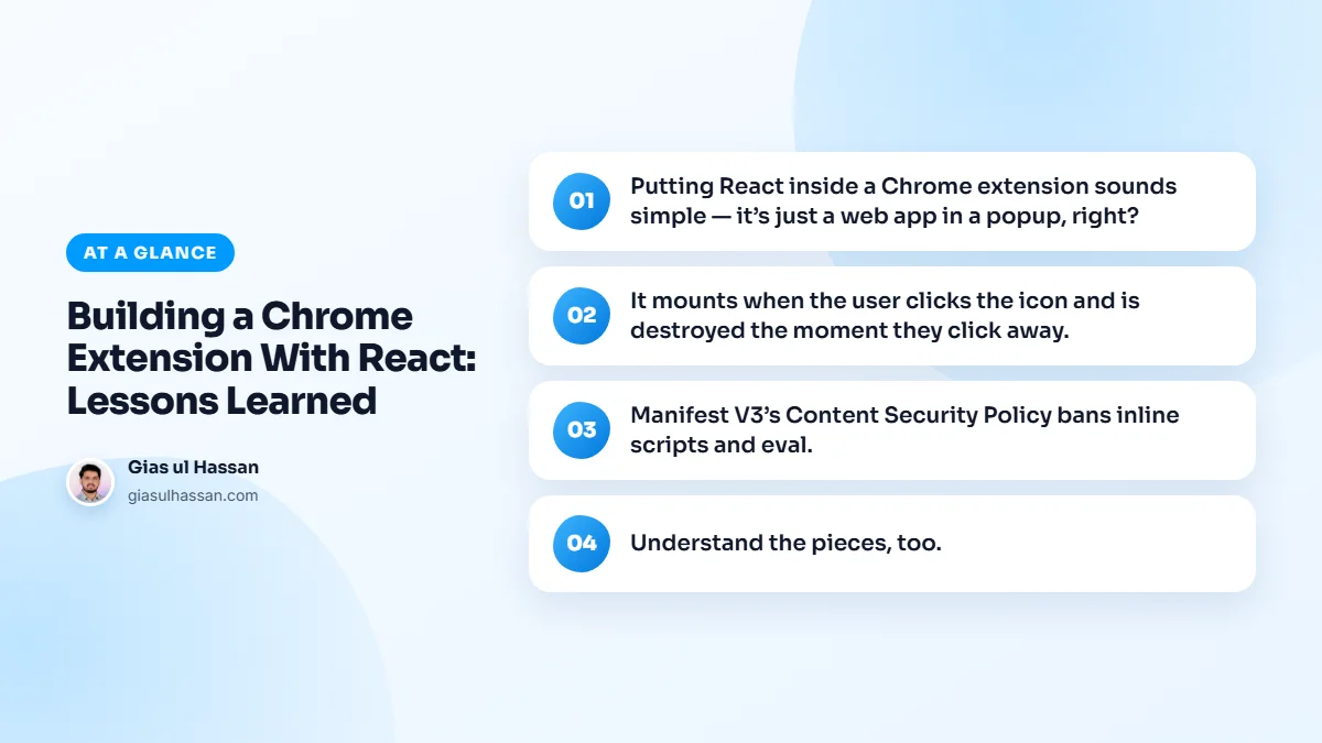 Infographic summarising “Building a Chrome Extension With React: Lessons Learned”: Putting React inside a Chrome extension sounds simple — it’s just a web app in a popup, right?; It mounts when the user clicks the icon and is destroyed the moment they click away.; Manifest V3’s Content Security…