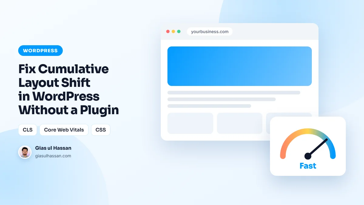 Illustration of a web page loading fast, with a speed gauge — Fix Cumulative Layout Shift in WordPress Without a Plugin