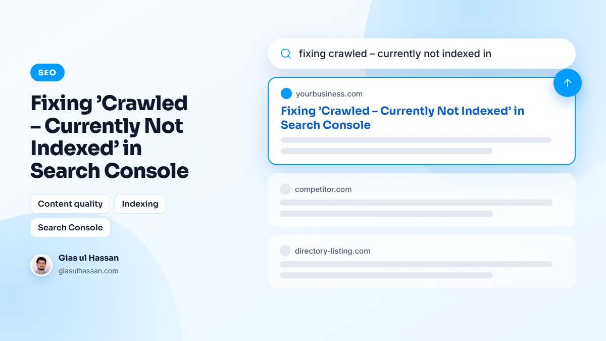 Illustration of Google search results with a business website moving to the top — Fixing ’Crawled – Currently Not Indexed’ in Search Console