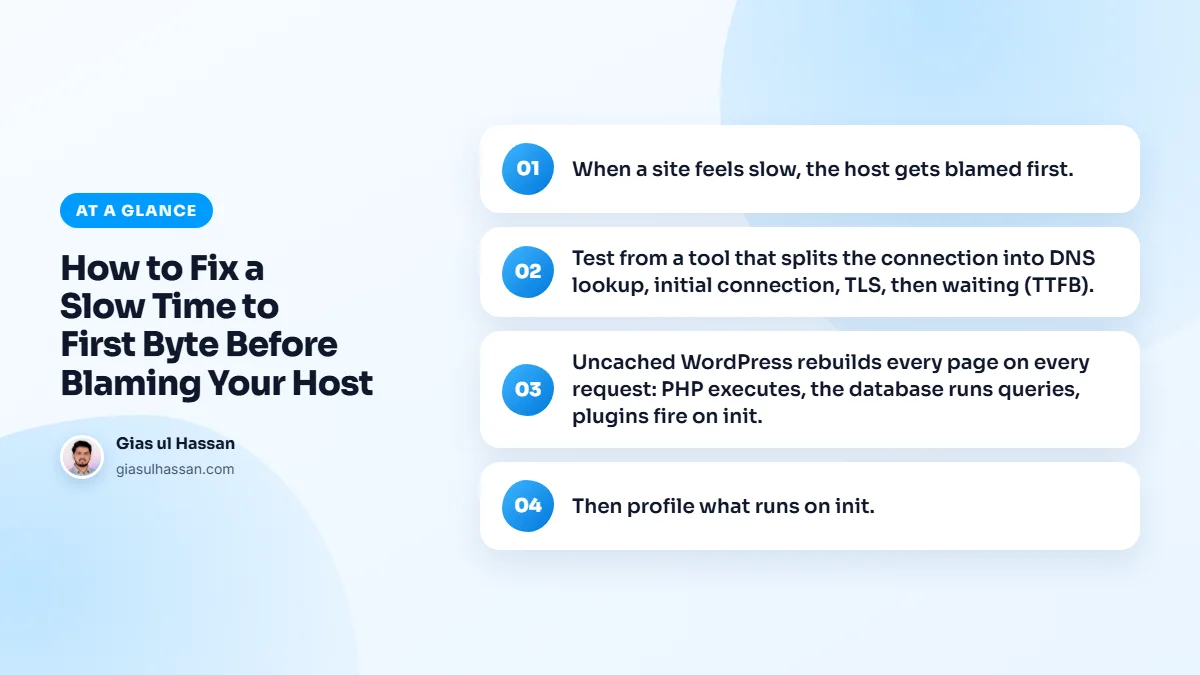 Infographic summarising “How to Fix a Slow Time to First Byte Before Blaming Your Host”: When a site feels slow, the host gets blamed first.; Test from a tool that splits the connection into DNS lookup, initial connection, TLS, then waiting (TTFB).; Uncached WordPress rebuilds every page on every…