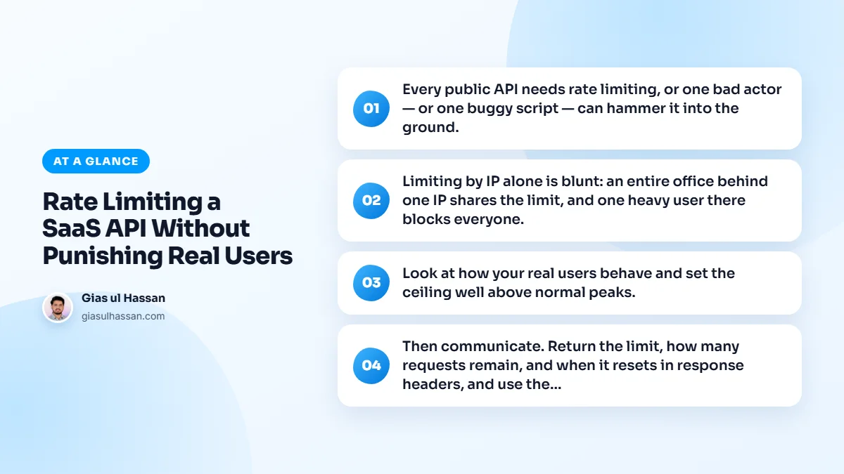 Infographic summarising “Rate Limiting a SaaS API Without Punishing Real Users”: Every public API needs rate limiting, or one bad actor — or one buggy script — can hammer it into the ground.; Limiting by IP alone is blunt: an entire office behind one IP shares the limit, and one heavy user there…