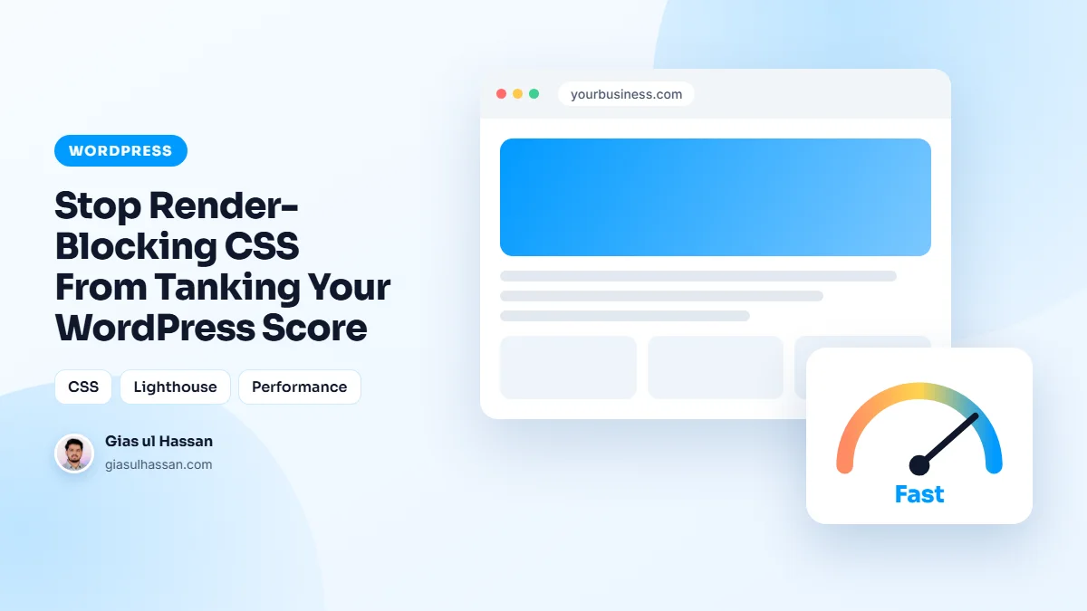 Illustration of a web page loading fast, with a speed gauge — Stop Render-Blocking CSS From Tanking Your WordPress Score