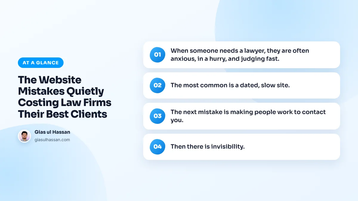 Infographic summarising “The Website Mistakes Quietly Costing Law Firms Their Best Clients”: When someone needs a lawyer, they are often anxious, in a hurry, and judging fast.; The most common is a dated, slow site.; The next mistake is making people work to contact you.; Then there is invisibility.