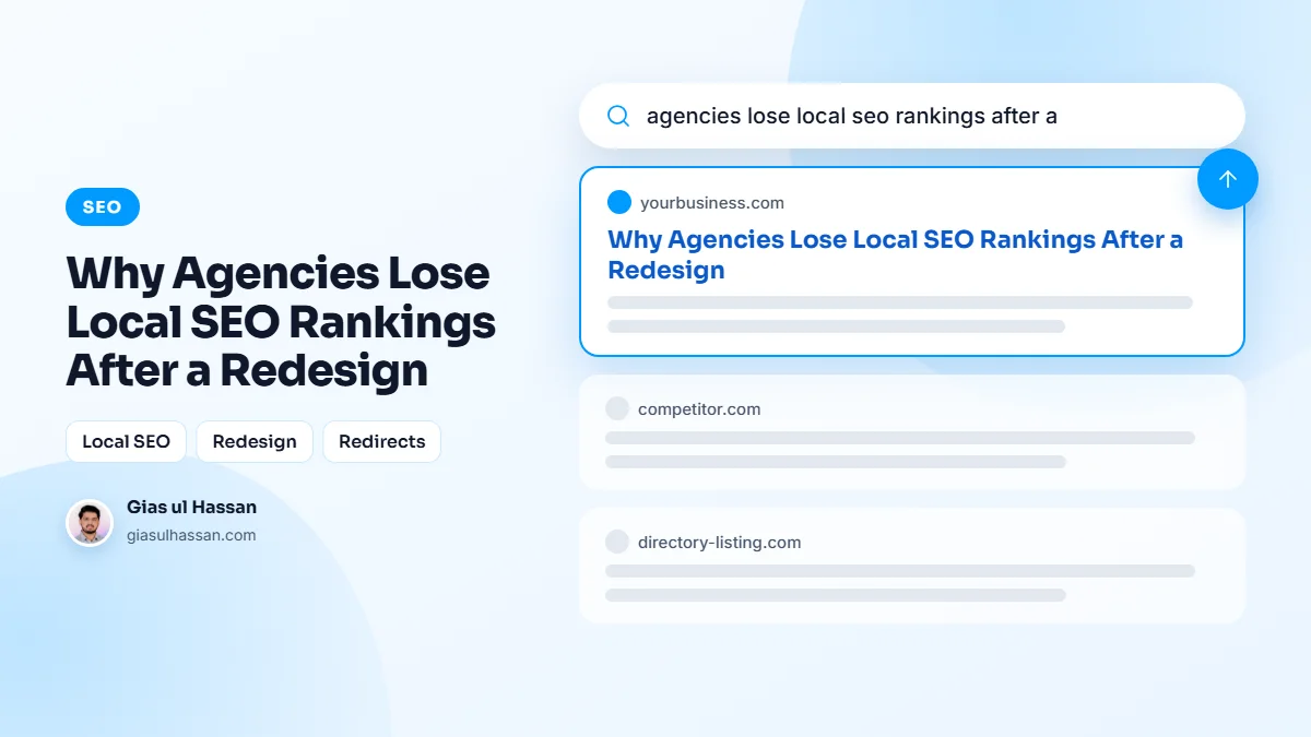Illustration of Google search results with a business website moving to the top — Why Agencies Lose Local SEO Rankings After a Redesign