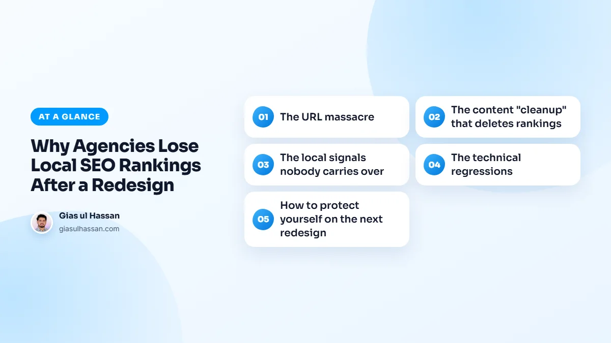 Infographic summarising “Why Agencies Lose Local SEO Rankings After a Redesign”: The URL massacre; The content "cleanup" that deletes rankings; The local signals nobody carries over; The technical regressions; How to protect yourself on the next redesign