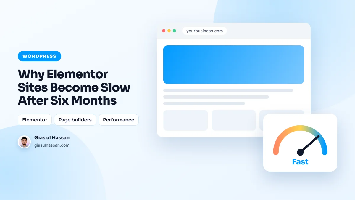 Illustration of a web page loading fast, with a speed gauge — Why Elementor Sites Become Slow After Six Months