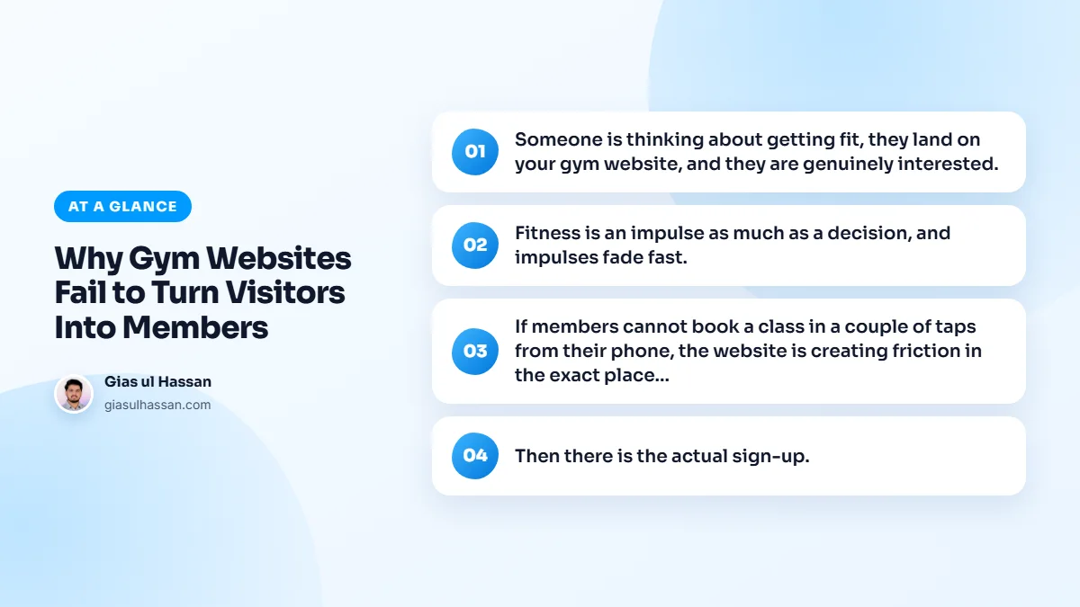 Infographic summarising “Why Gym Websites Fail to Turn Visitors Into Members”: Someone is thinking about getting fit, they land on your gym website, and they are genuinely interested.; Fitness is an impulse as much as a decision, and impulses fade fast.; If members cannot book a class in a couple…