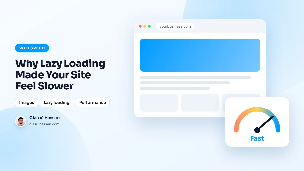 Illustration of a web page loading fast, with a speed gauge — Why Lazy Loading Made Your Site Feel Slower
