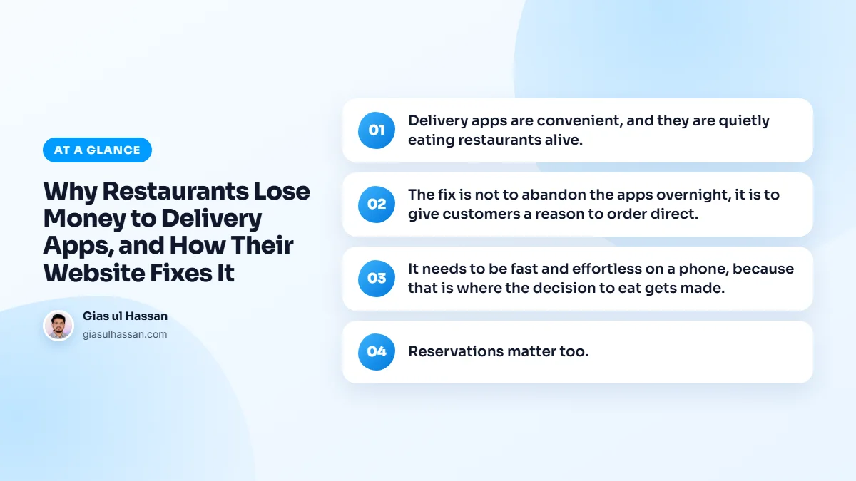Infographic summarising “Why Restaurants Lose Money to Delivery Apps, and How Their Website Fixes It”: Delivery apps are convenient, and they are quietly eating restaurants alive.; The fix is not to abandon the apps overnight, it is to give customers a reason to order direct.; It needs to be fast…