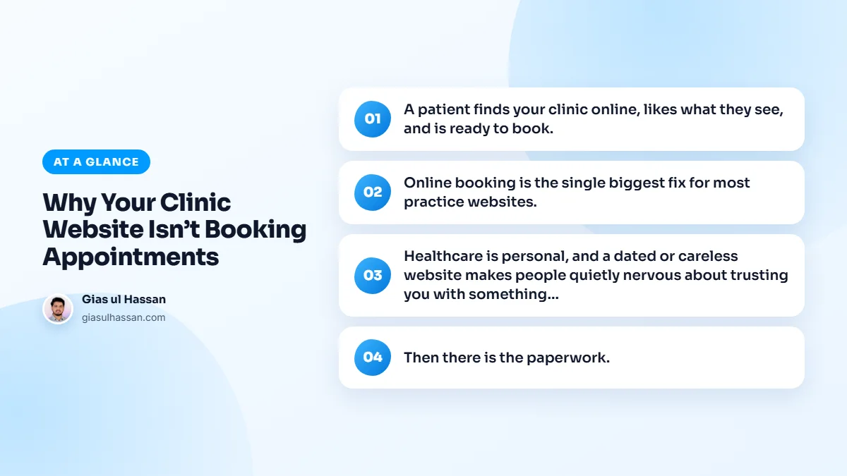 Infographic summarising “Why Your Clinic Website Isn’t Booking Appointments”: A patient finds your clinic online, likes what they see, and is ready to book.; Online booking is the single biggest fix for most practice websites.; Healthcare is personal, and a dated or careless website makes people…