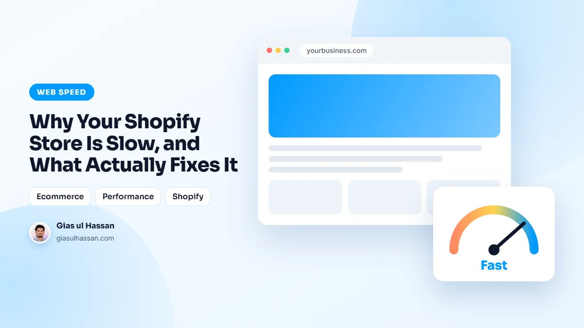 Illustration of a web page loading fast, with a speed gauge — Why Your Shopify Store Is Slow, and What Actually Fixes It