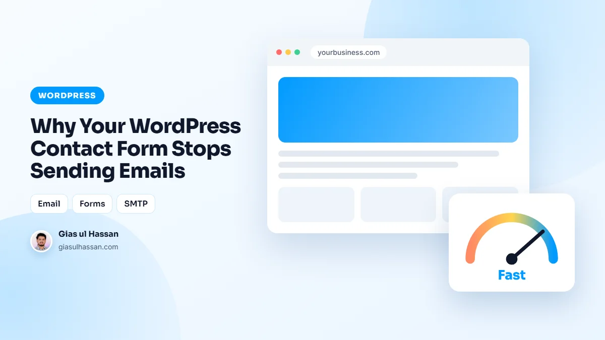 Illustration of a web page loading fast, with a speed gauge — Why Your WordPress Contact Form Stops Sending Emails