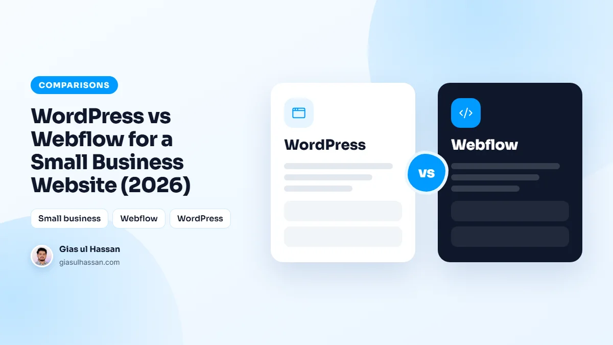 Side-by-side comparison illustration of WordPress versus Webflow — WordPress vs Webflow for a Small Business Website (2026)