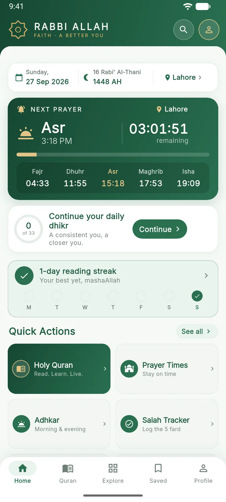 RabbiAllah — Quran, Dua & Qibla App app screen