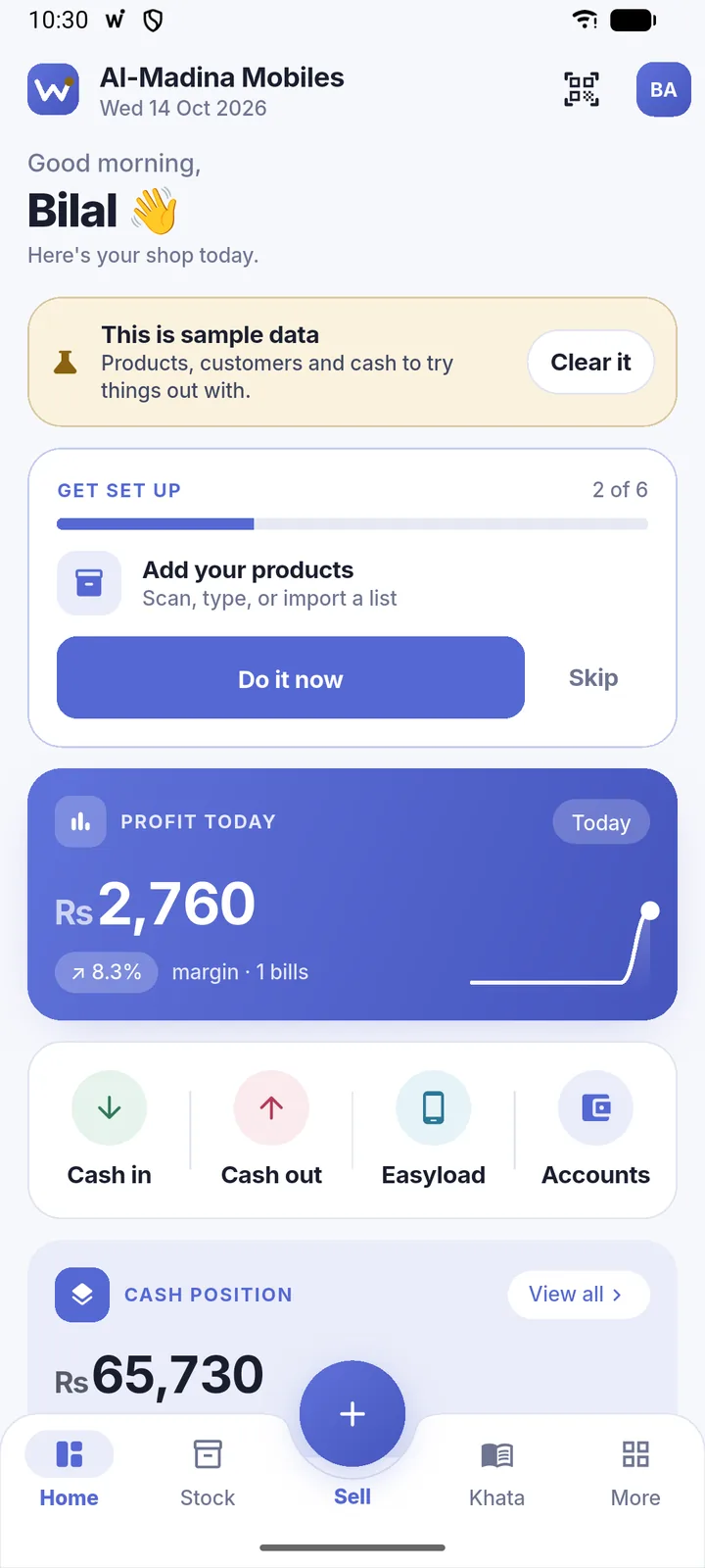 Dashboard with the day’s profit and cash position