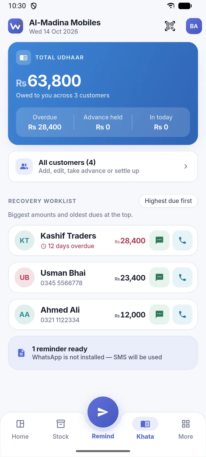 Khata overview with the total udhaar and recovery list