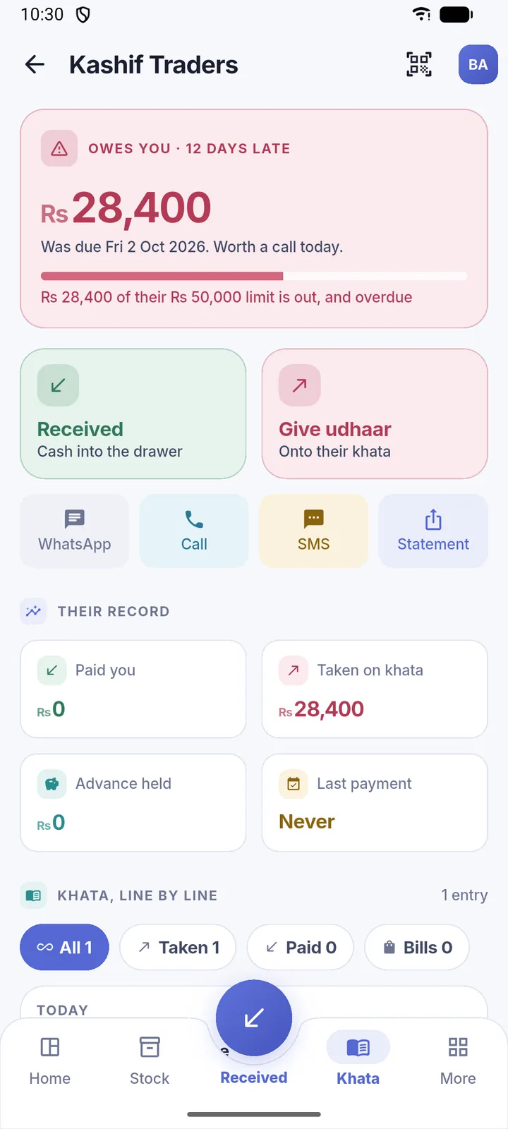 A customer’s khata with WhatsApp, call and statement actions