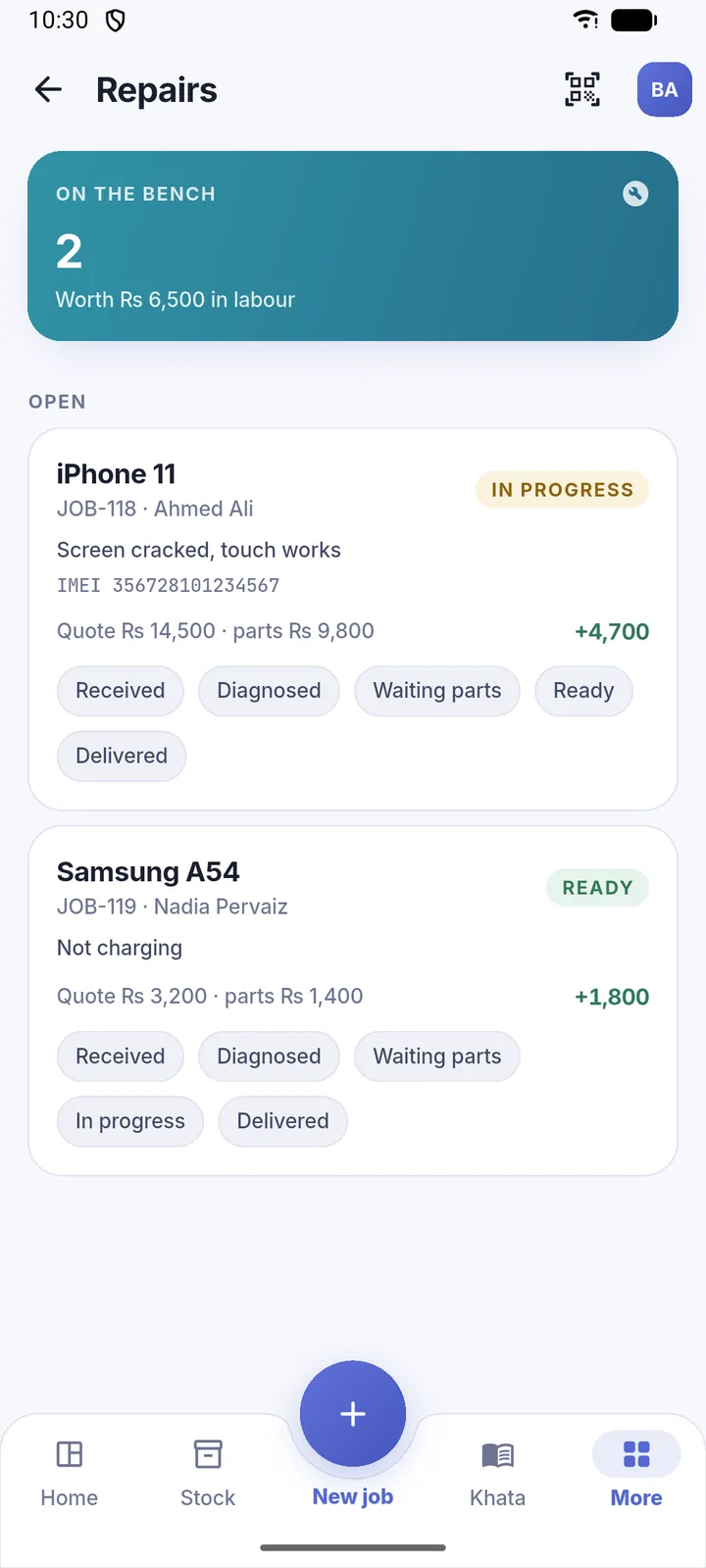 Repair jobs with IMEI, quotes and status